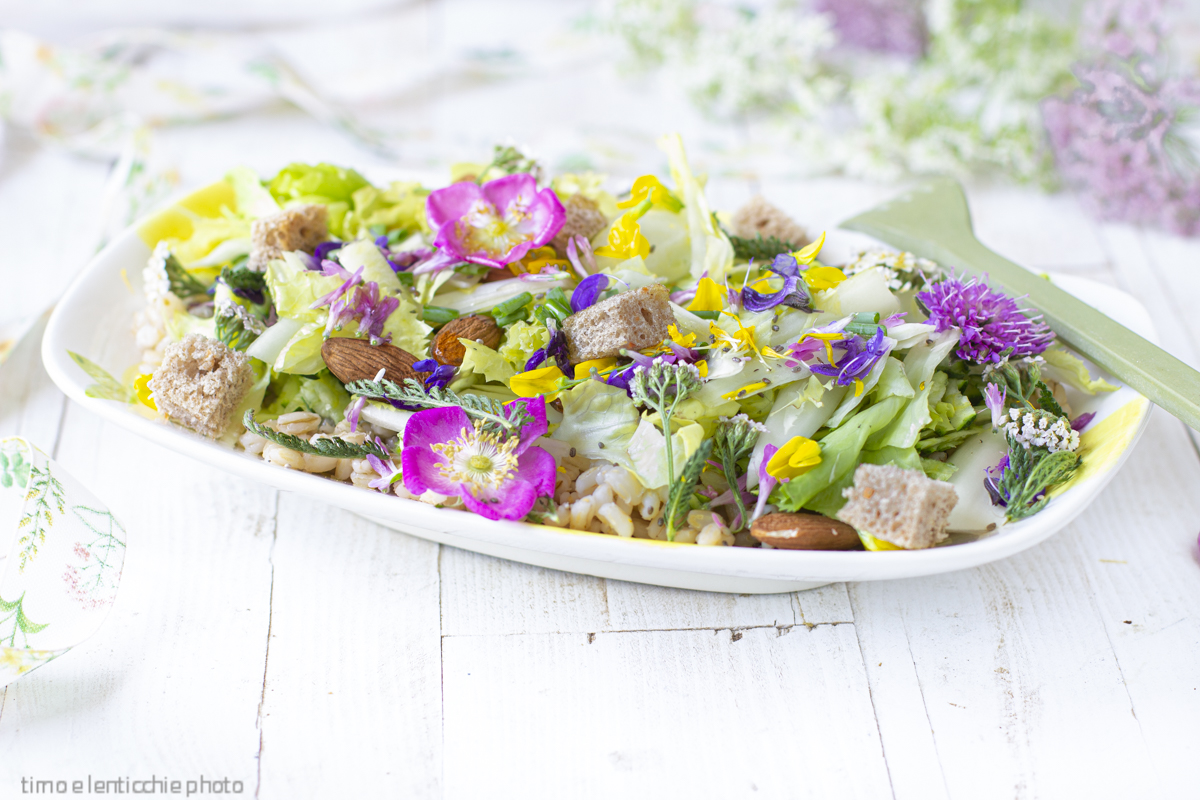 Salade d&rsquo;orge et de fleurs de montagne