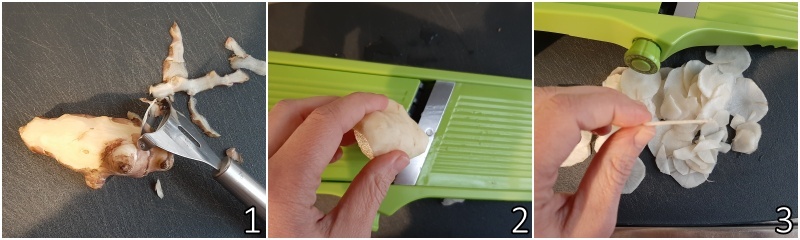 a. éplucher et trancher les topinambours très fins avec la mandoline