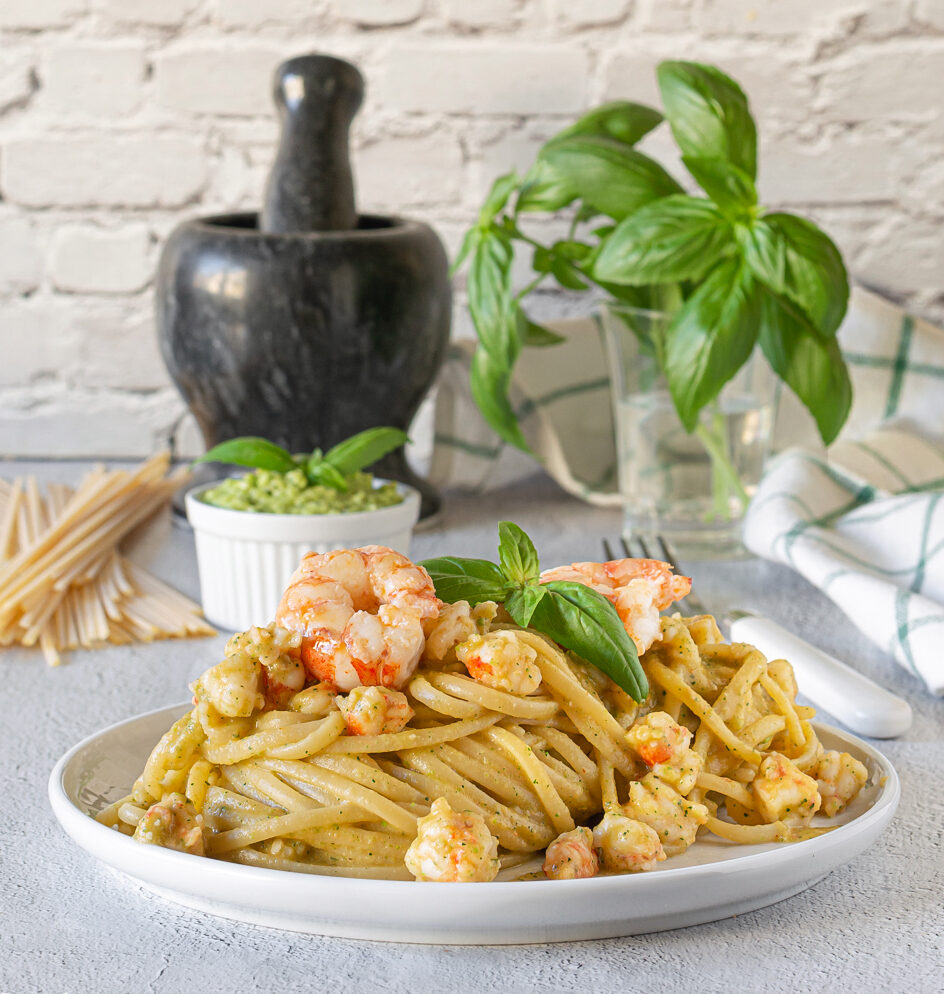 Linguine au pesto de courgettes et gambas