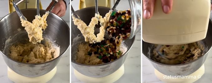 pâte, fruits confits mélangés, pignons, batteur sur socle