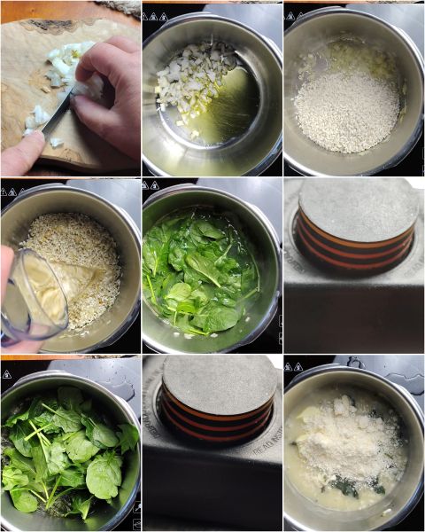 préparation du risotto aux épinards en cocotte-minute