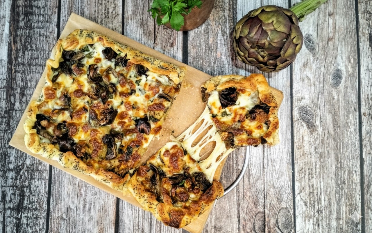 Tarte aux artichauts, pommes de terre et scamorza : fondante et parfaite pour un dîner rustique de saison