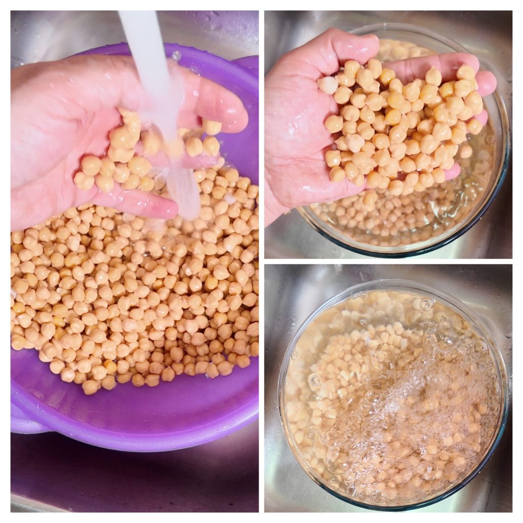 Pois chiches secs en trempe dans un saladier d'eau