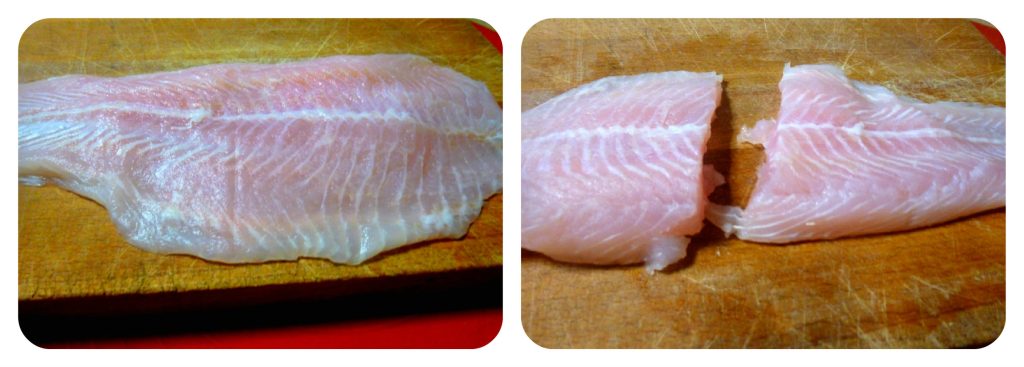Pâtes au filet de mérou en préparation : 1er étape, filet entier et coupé sur une planche en bois