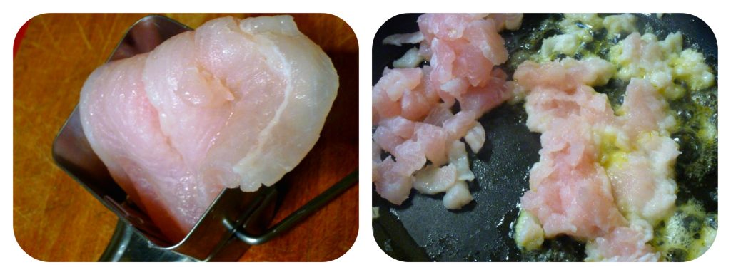 Pâtes au filet de mérou en préparation : 2° étape, filet haché avec l'oignon