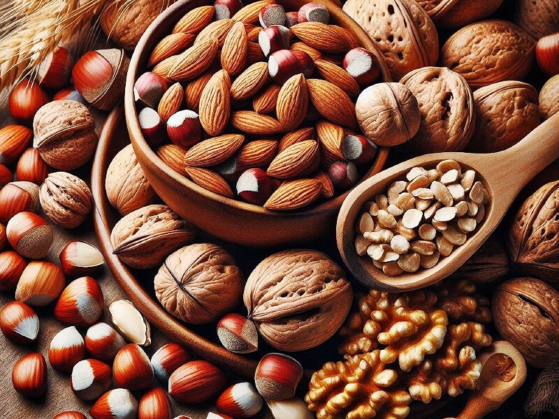 Image d'amandes, noisettes, noix et graines oléagineuses adaptée pour le gâteau keto.