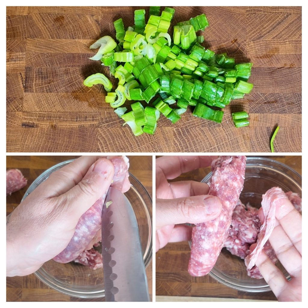 Étapes de préparation des pâtes aux petits pois et saucisse : découpe de la ciboule et retrait du boyau de la saucisse.