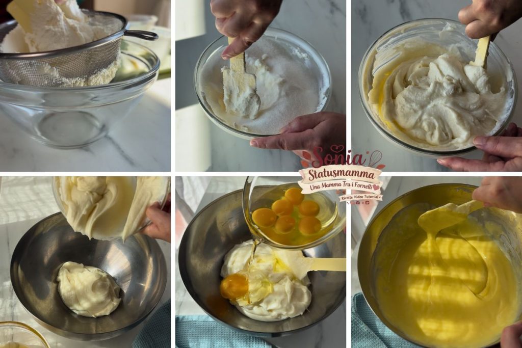 Crème de ricotta et sucre mélangée au riz et aux œufs dans un bol