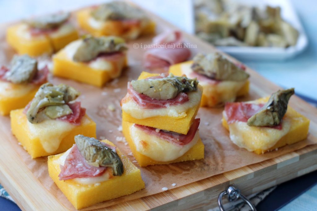 crostini de polenta au four aux artichauts et jambon recette facile i pasticcini di Nina