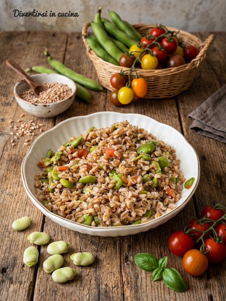 Une assiette creuse blanche contenant une salade de farro, des fèves vertes et des tomates cerises sur une table en bois rustique, entourée d'ingrédients frais comme des cosses de fèves, des tomates cerise et des feuilles de basilic