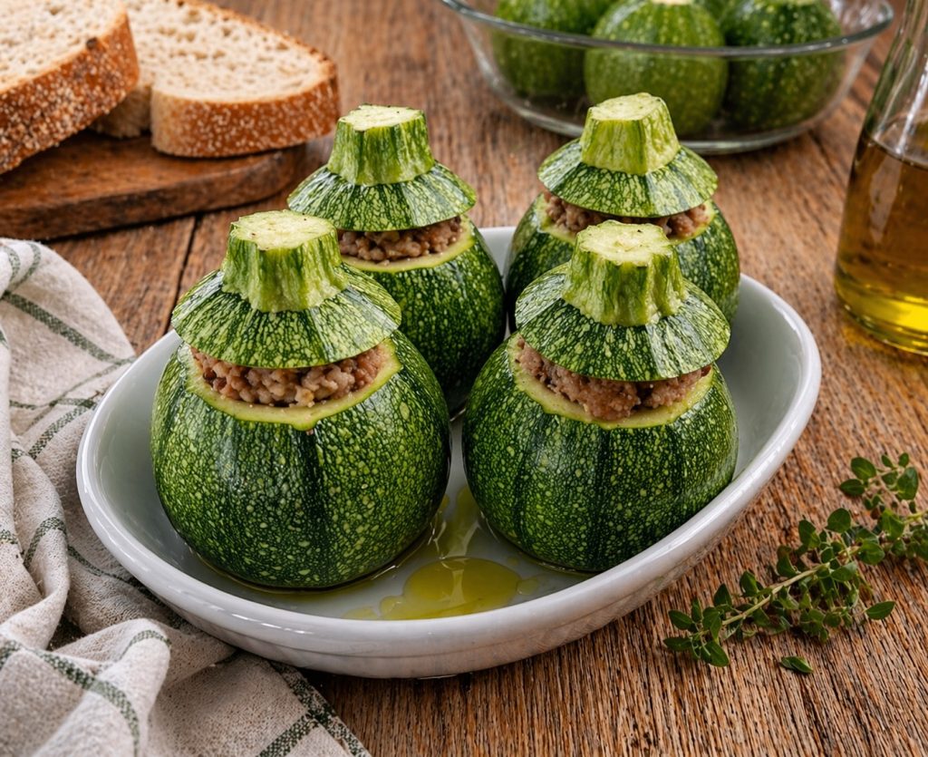 Courgettes rondes farcies crues dans un plat prêtes pour le four
