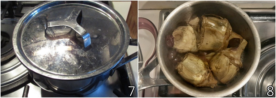 d. cuocere i carciofi con vino bianco a fuoco basso