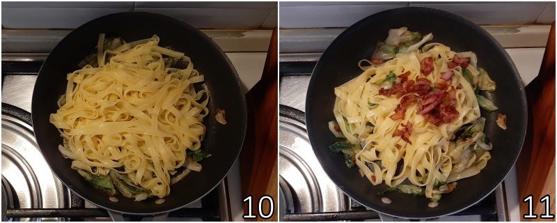 d. mélanger les pâtes avec la scarole et ajouter la pancetta croustillante