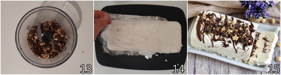 e. laisse raffermir le semifreddo au congélateur et décore avec Nutella et granella de noisettes