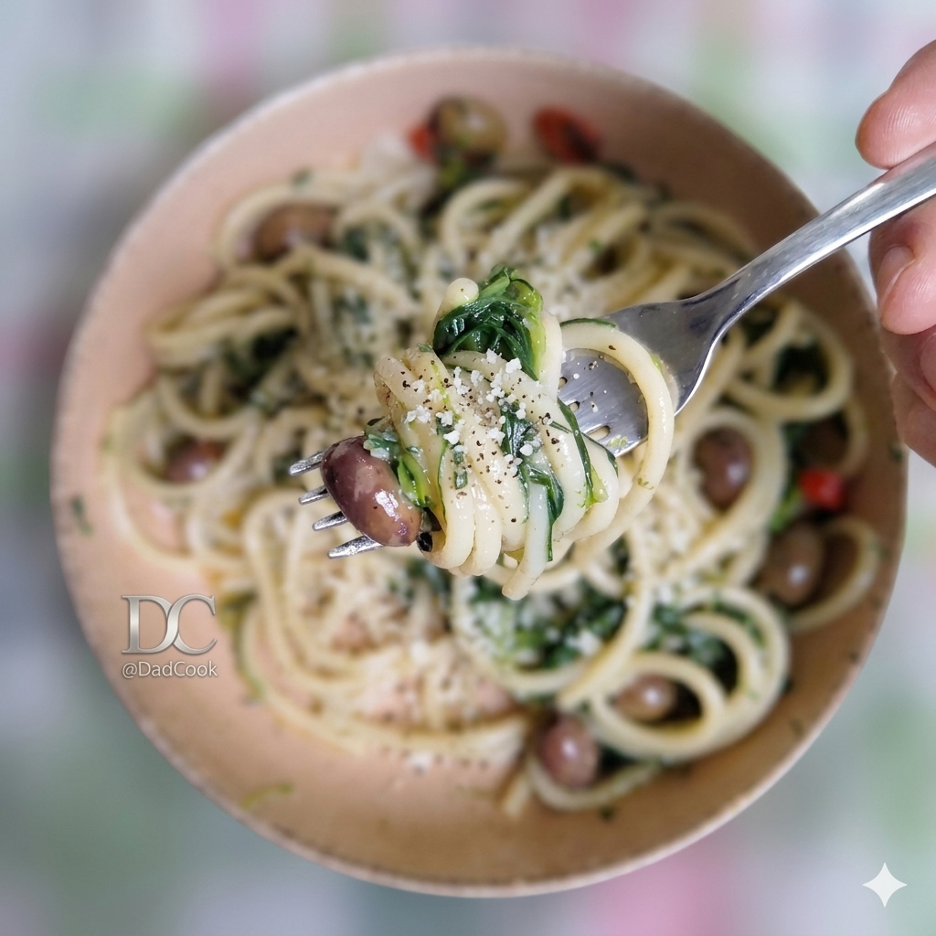 Gros plan d'une fourchettée de pâtes aux agretti et olives taggiasche bien émulsionnée.