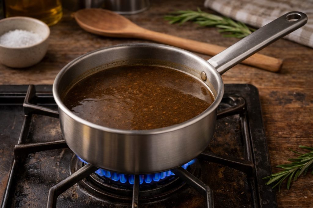 Jus de cuisson du rôti de veau dans une petite casserole sur feu au gaz
