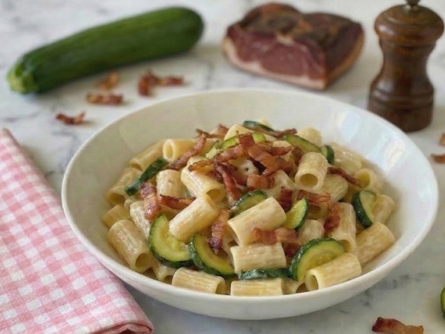Mezze maniche à la crème, speck et courgettes