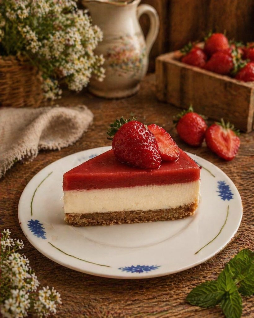 Part de cheesecake aux fraises sans cuisson avec base biscuitée et crème