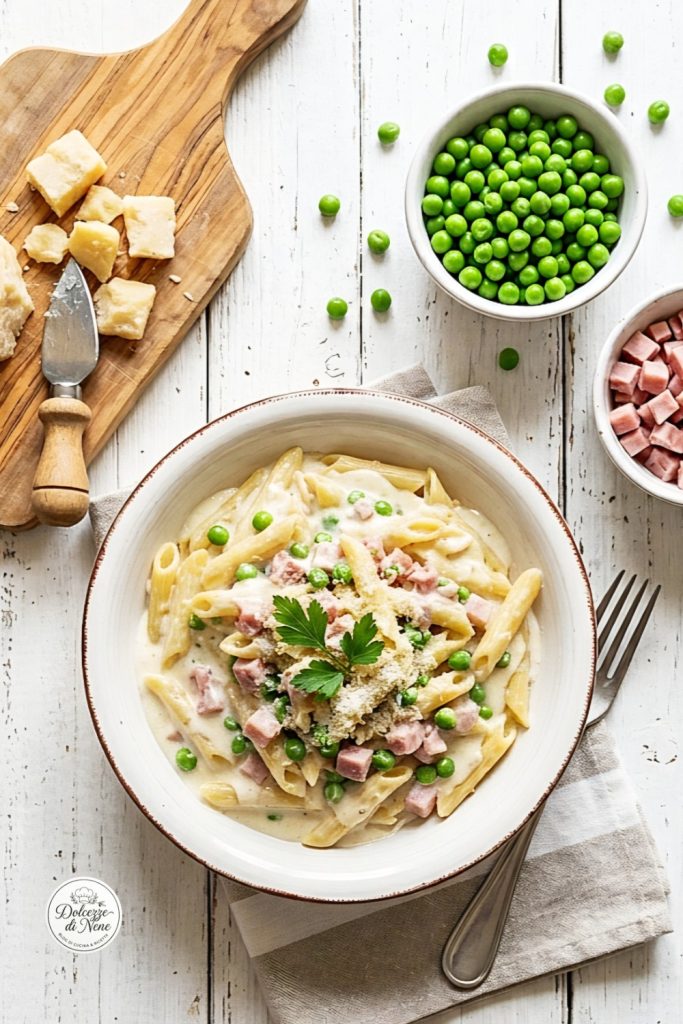 pâtes à la crème jambon et petits pois