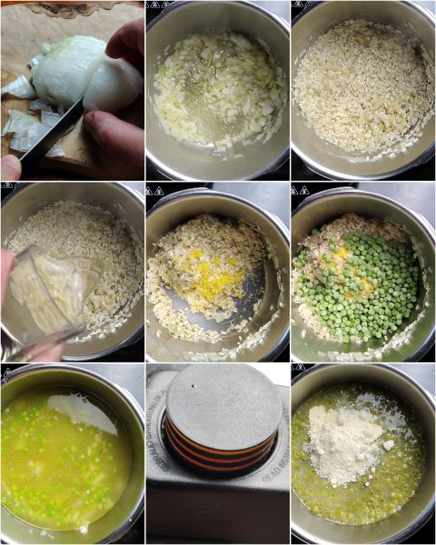 préparation du risotto petits pois et citron à l'autocuiseur