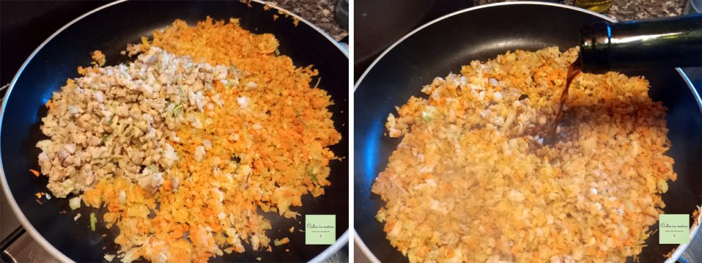 hacher les légumes et le seitan et cuire à la poêle