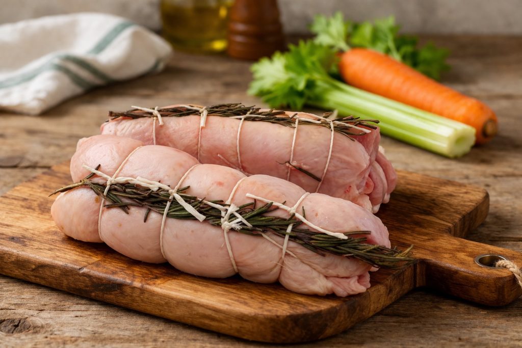 Rôti de veau cru ficelé avec ficelle et romarin sur planche avec carotte et céleri
