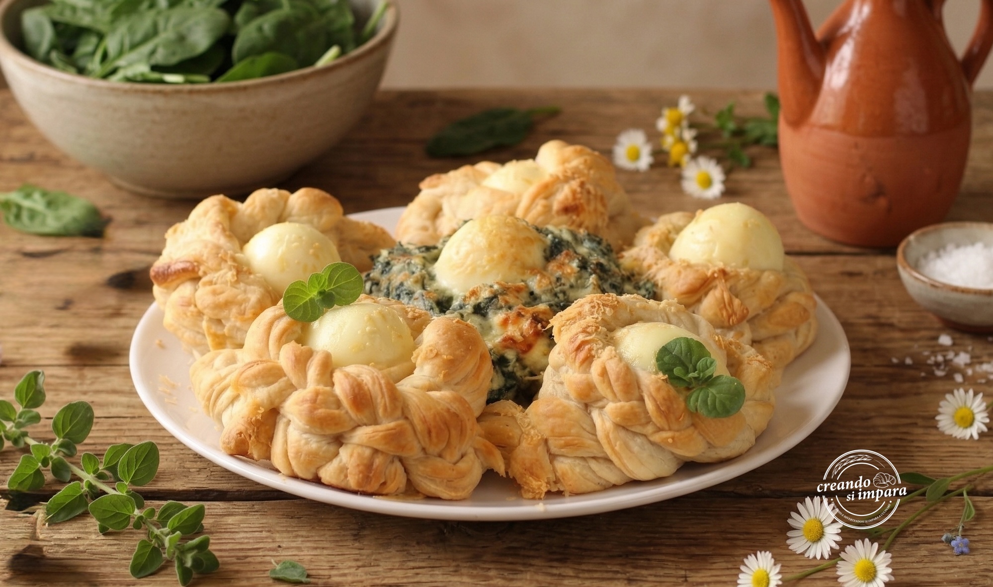 Couronne de pâte feuilletée aux œufs et épinards : la recette spectaculaire pour Pâques
