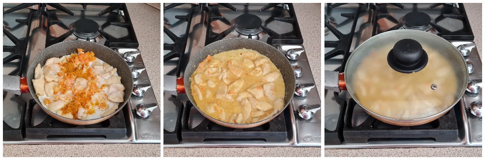 Tiritas de pollo al curry y leche de coco, preparación