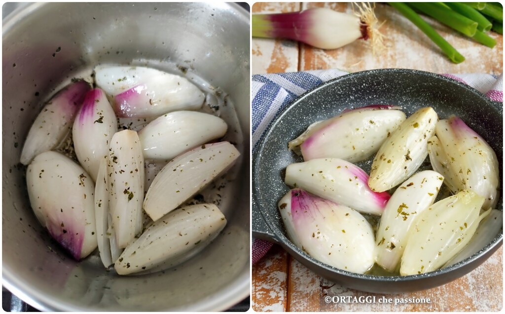 2 cebolletas estofadas y gratinadas a la sartén