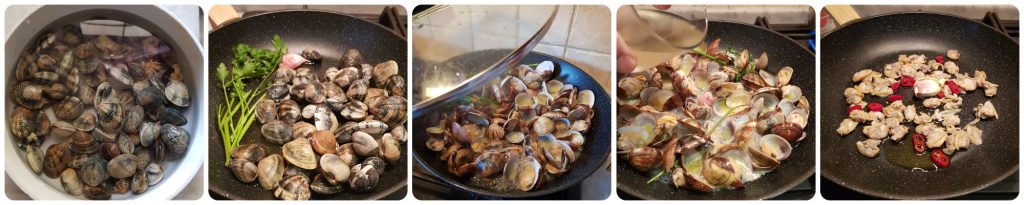 preparación de los espaguetis cremosos con almejas finas