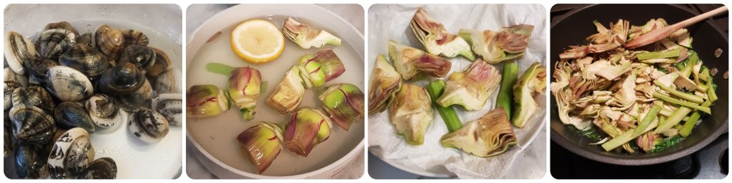 espaguetis con almejas y alcachofas