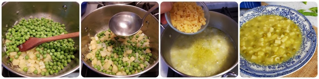 sopa de pasta con guisantes y patatas