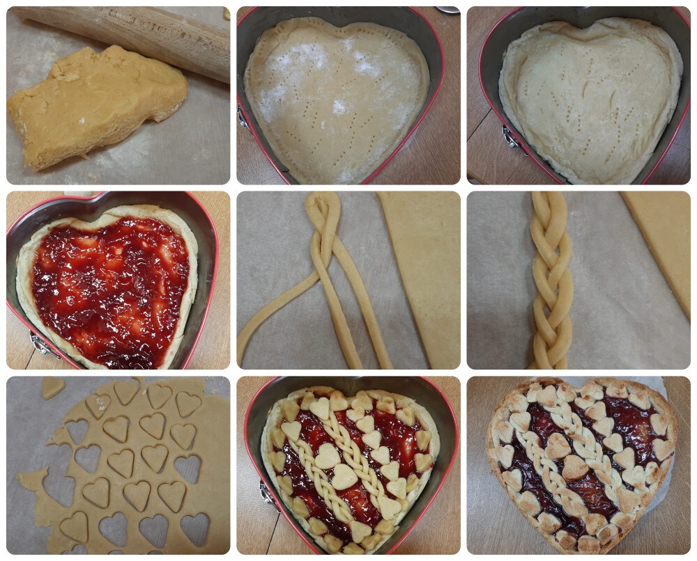 Tarta corazón de masa quebrada con mermelada de frambuesas rojas