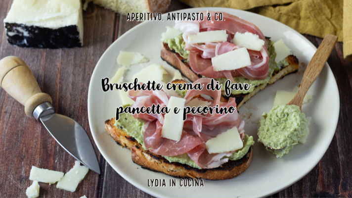 Bruschettas con crema de habas, panceta y pecorino