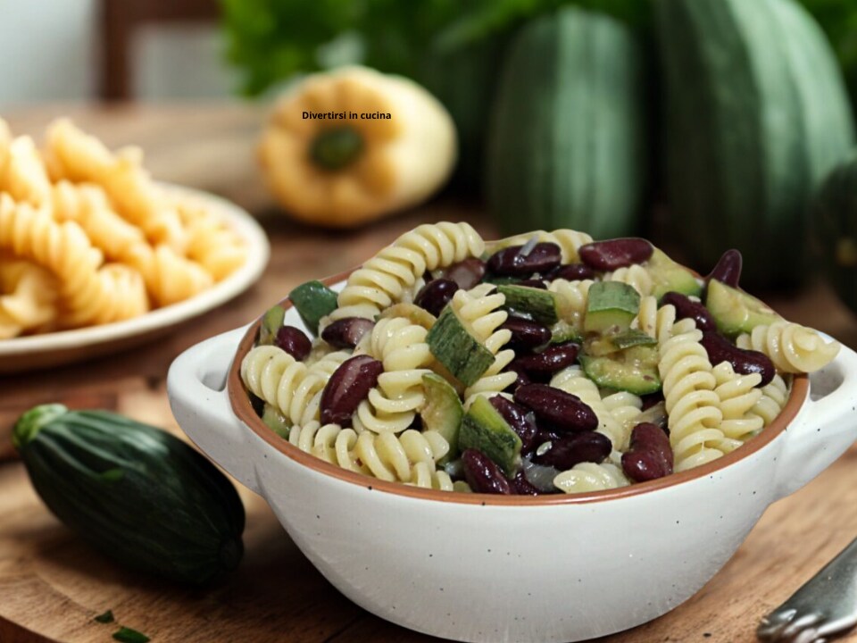 Pasta fría con judías y calabacines