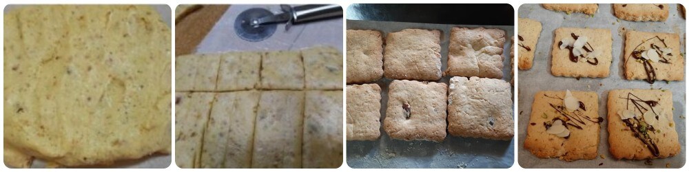 Después del reposo, retomad la masa, mientras tanto encended el horno a 180º ventilado y mantenedlo bien caliente. Extendéis la masa con el rodillo sobre un papel para hornear con un grosor de aproximadamente 1 cm. cortad tiras y sacad las galletas de las dimensiones que prefiráis, las mías son de 6 cm por lado. Colocad los cuadrados obtenidos en una bandeja cubierta con papel de horno, distanciadlos un poco, para evitar que se peguen, ya que durante la cocción en el horno crecerán un poco.