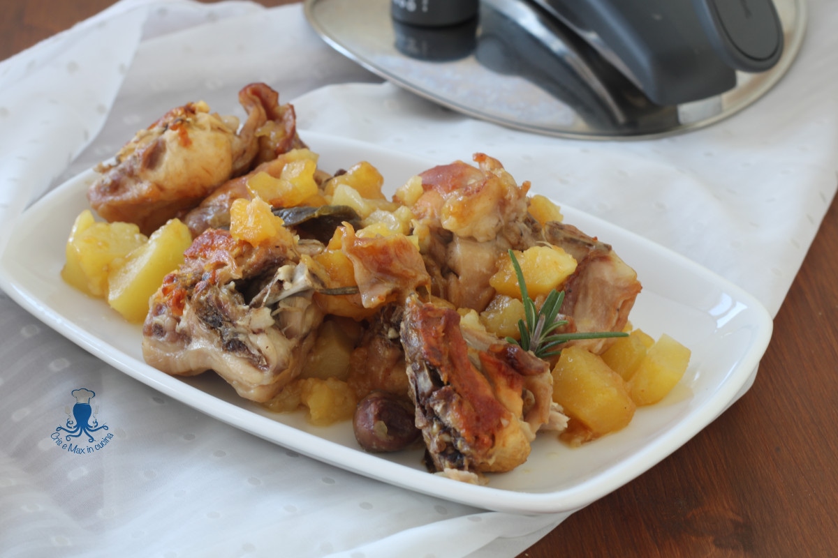 Conejo y patatas en la olla a presión.