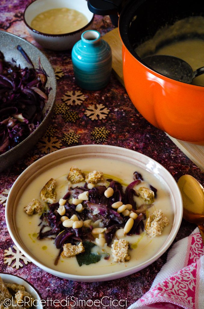 Crema de alubias con achicoria y cebollas caramelizadas