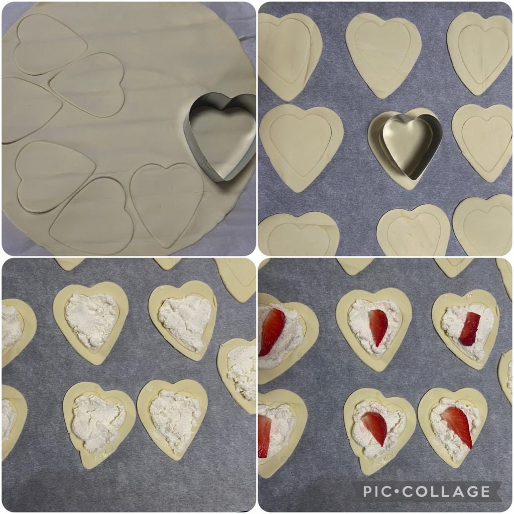 corazones de hojaldre con ricotta y fresas