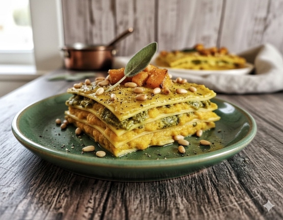 LASAÑA CON CALABAZA Y PESTO DE SALVIA Y PIÑONES
