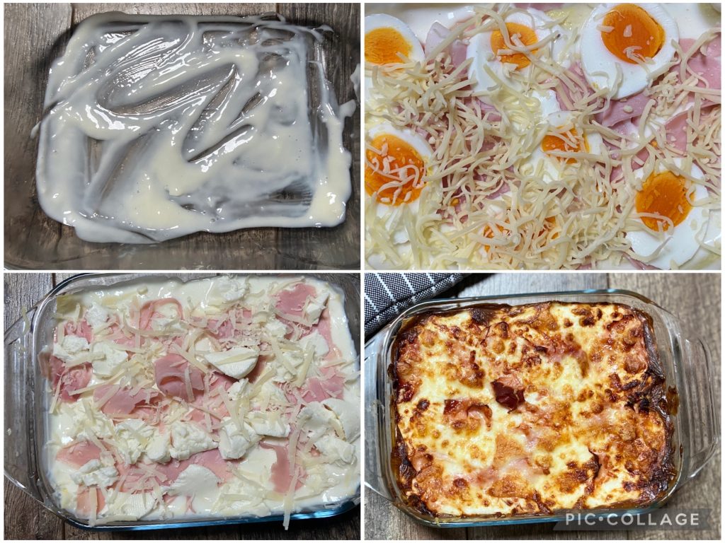 lasaña con huevos y jamón