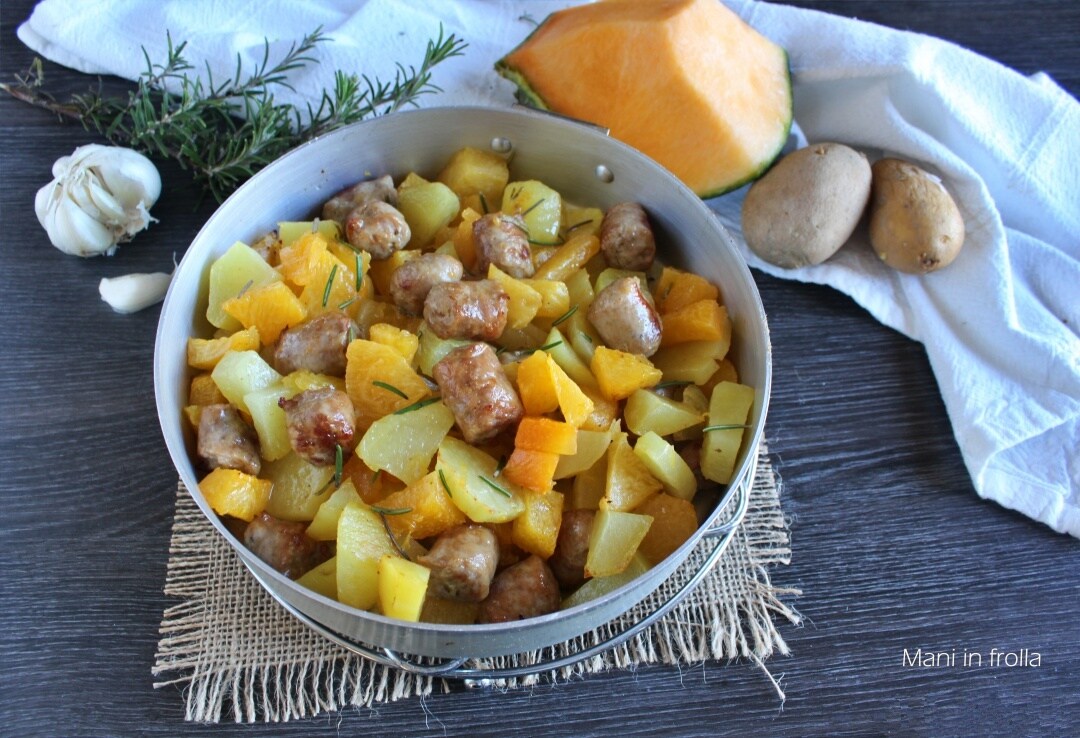 Calabaza con Patatas y Salchicha al horno