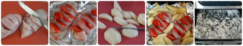 Pechugas de pollo rellenas y cocinadas en freidora de aire con patatas