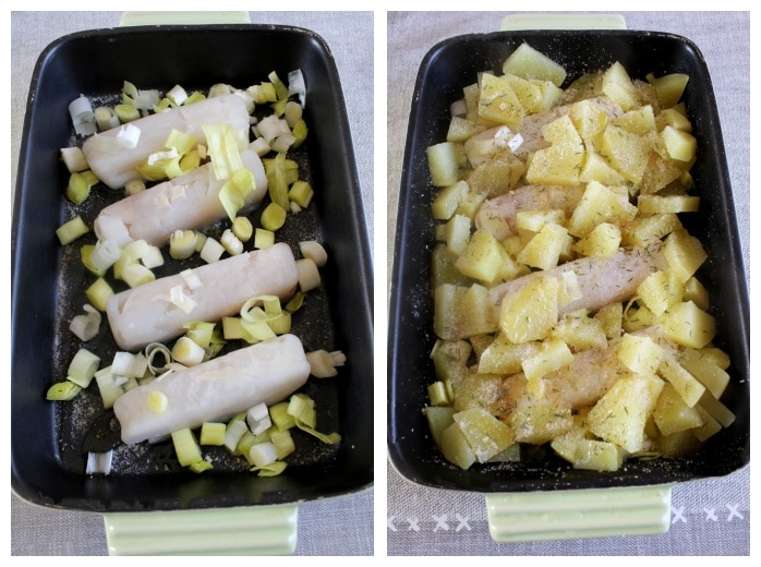Bacalao al horno con puerros y patatas