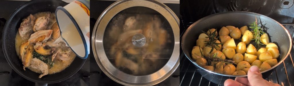 Gallina de Guinea a trozos guisada receta sabrosa con aceitunas taggiasche y piñones!