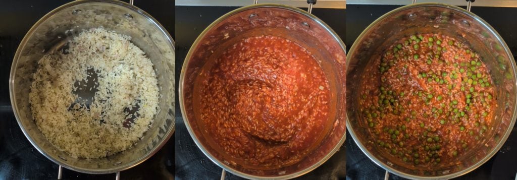 Arroz con guisantes congelados y tomate: fácil, rápido y cremoso
