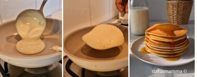 Pancakes esponjosos sin mantequilla- vierte masa en una sartén caliente, pancakes burbujas- plato de pancakes uno sobre otro