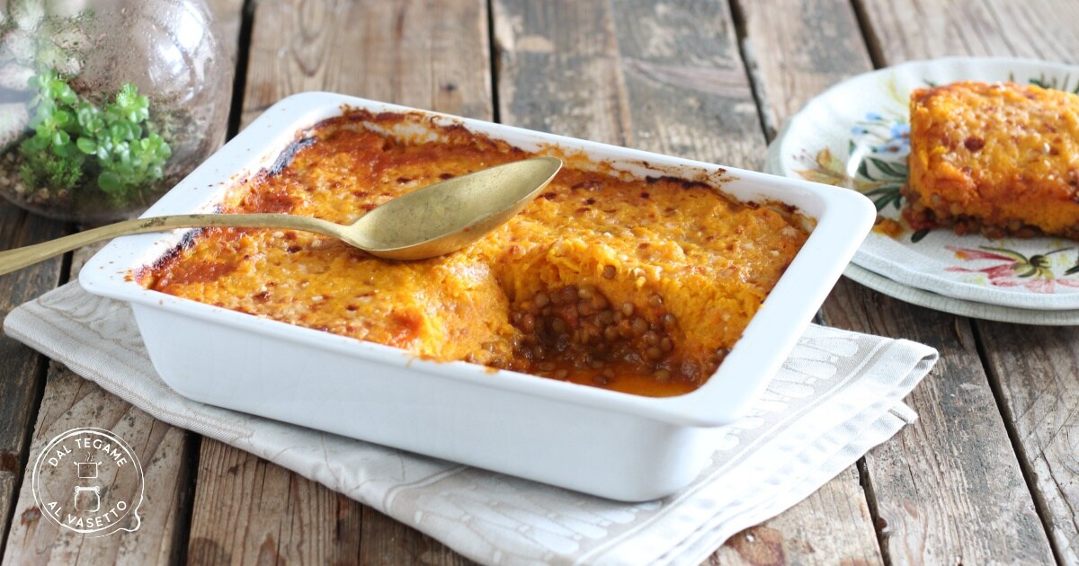 Pastel de lentejas y calabaza al microondas