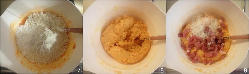 agregar parmesano y speck en cubos a la masa del plumcake de calabaza