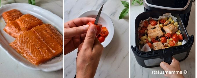 Salmón perfecto en 20 minutos. Patatas crujientes. Una sola freidora.